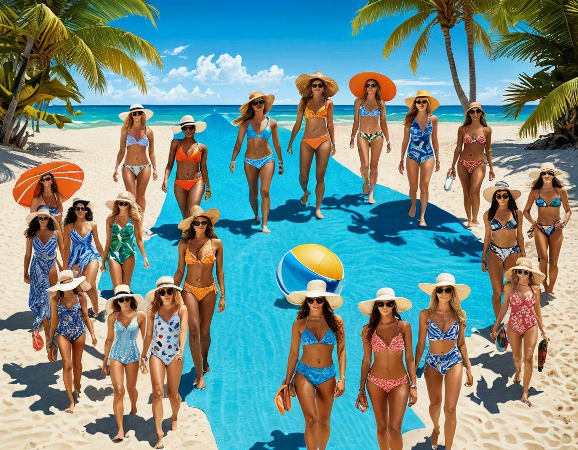 A dynamic beach scene showcasing a diverse group of stylish individuals wearing this year's most fashionable swimwear trends. Highlight trendy swimsuits in vibrant colors and patterns, with accessories like sunglasses, hats, and beach towels. Add a backdrop of clear blue skies, bright sun, and gentle waves to evoke a lively summer vibe. Capture the essence of confidence and fun in a sun-soaked atmosphere. super-realistic. vibrant colors. tropical background.