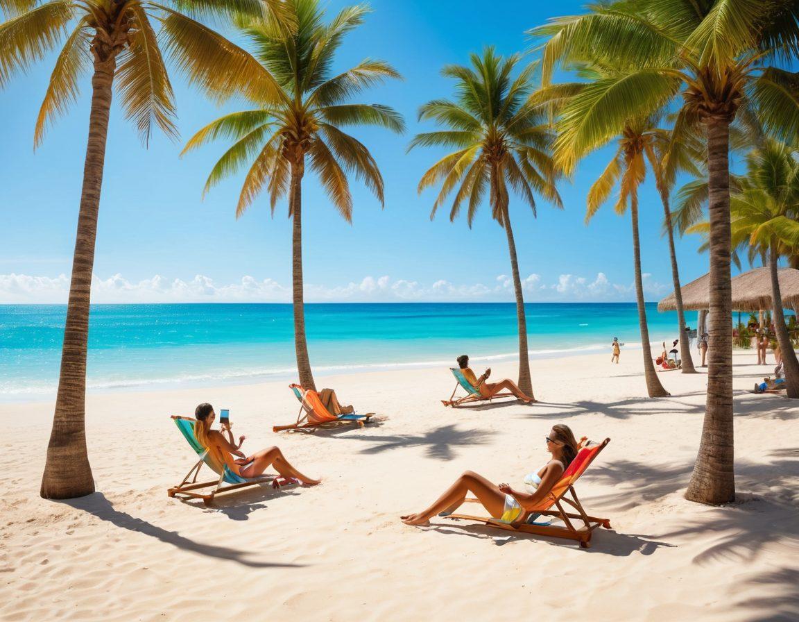 A vibrant beach scene featuring a diverse group of stylish individuals in trendy beachwear, lounging under bright umbrellas, and playing beach volleyball. The background showcases a crystal-clear blue ocean and soft white sand, while palm trees sway gently in the breeze. Bright, warm sunshine casts playful shadows, enhancing the cheerful summer atmosphere. super-realistic. vibrant colors. tropical ambiance.